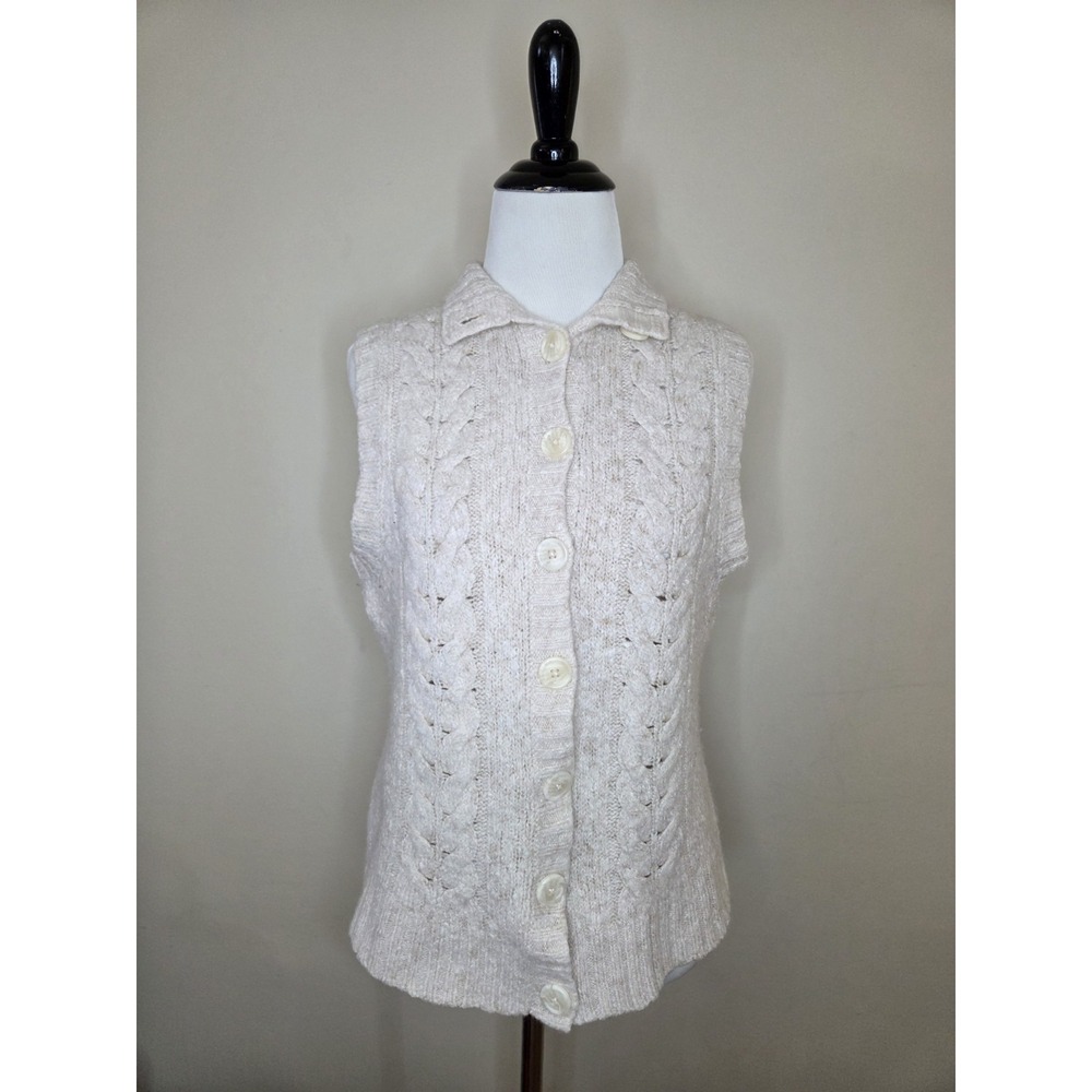 Vtg ‎ LLBean Wool Blend V-neck Sleeveless Button Sweater Vest L (Fits M) Oatmeal